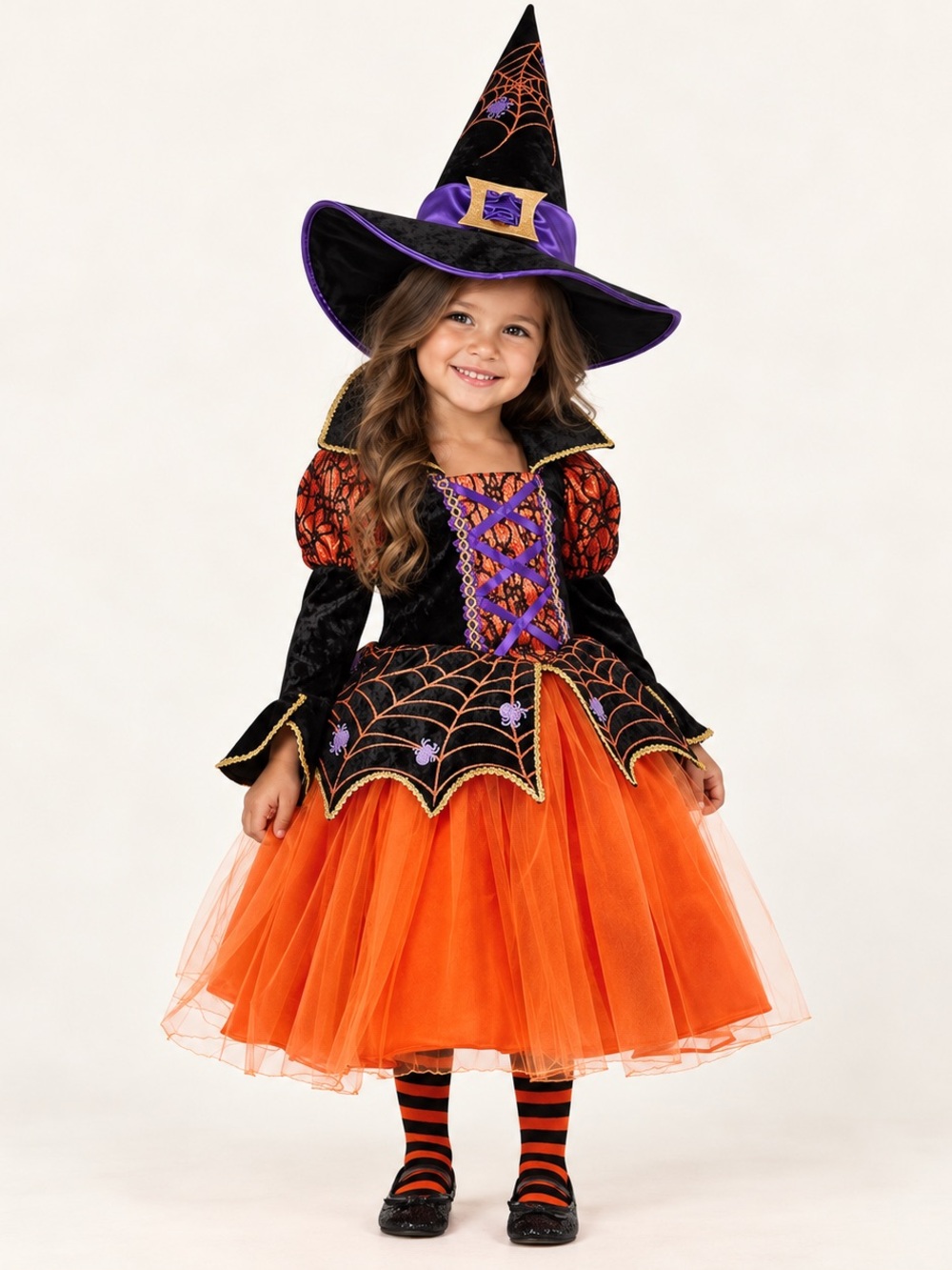 Toddler Girls Witch Halloween Costume / Orange, Purple, & Black / 3-4T / Spider